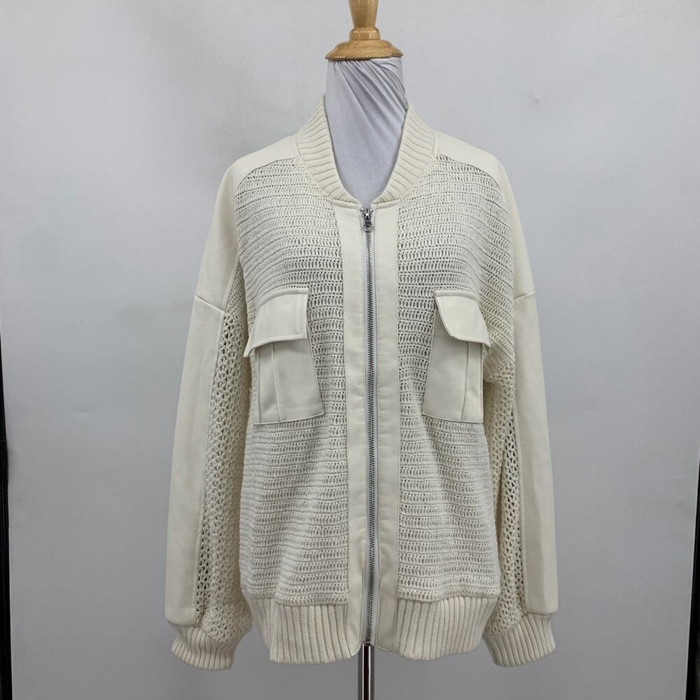 Anthropologie Cardigan Womens M Medium Cream Crochet Bomber Faux Leather Panels - Picture 2 of 14